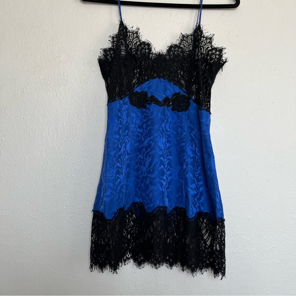 Vintage Victoria's Secret Gold Label 100% Silk Blue Black Lace Slip Dress